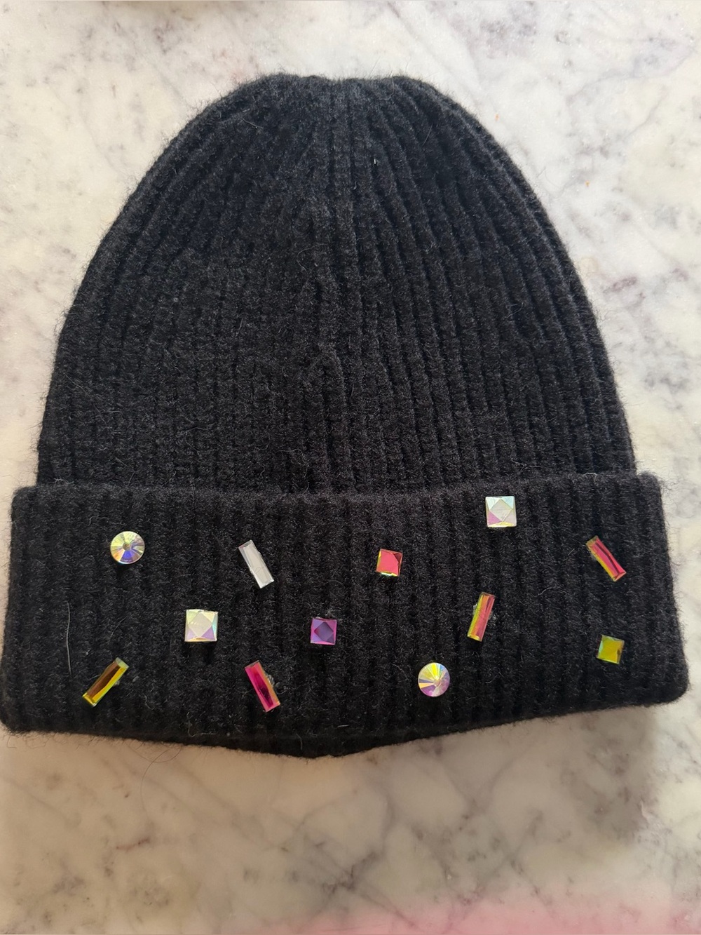 Black Beanie Hat with Iridescent Gem Accents